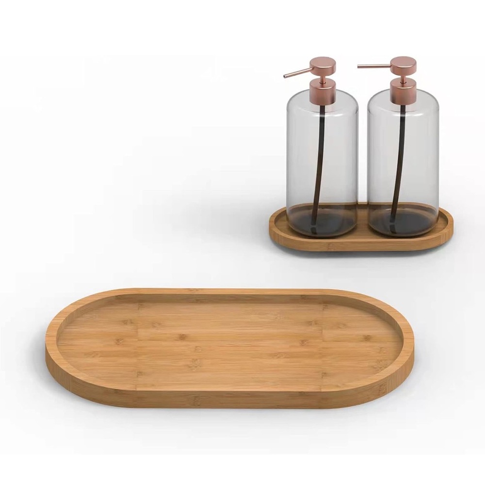 NWT Bamboo Soap Dispenser Tray, Bathroom Countertop Tray Ellipse